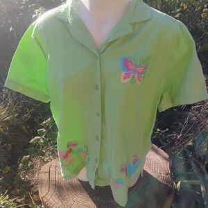 Jane Ashley Green Button Down Shirt Vtg Butterfly Embroidery 1X